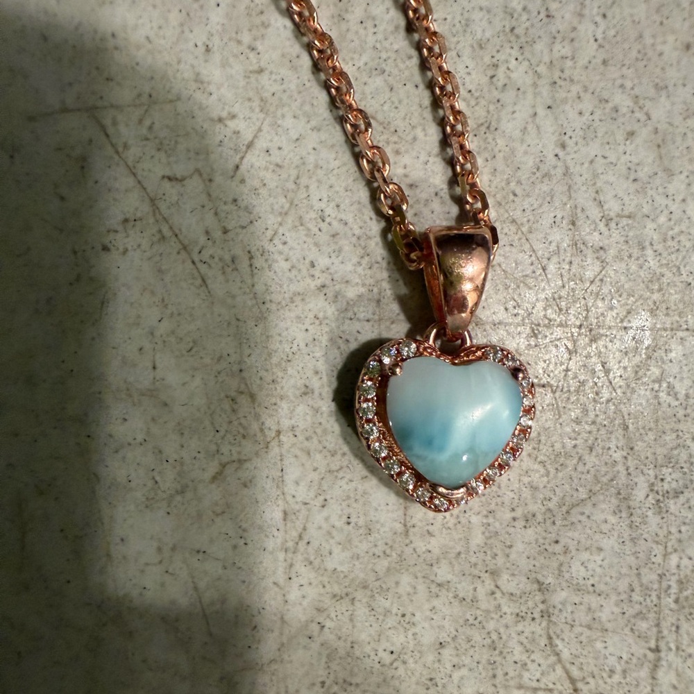 Rose Gold over 925 silver Heart larimar Pendant Necklace moissanite earrings
